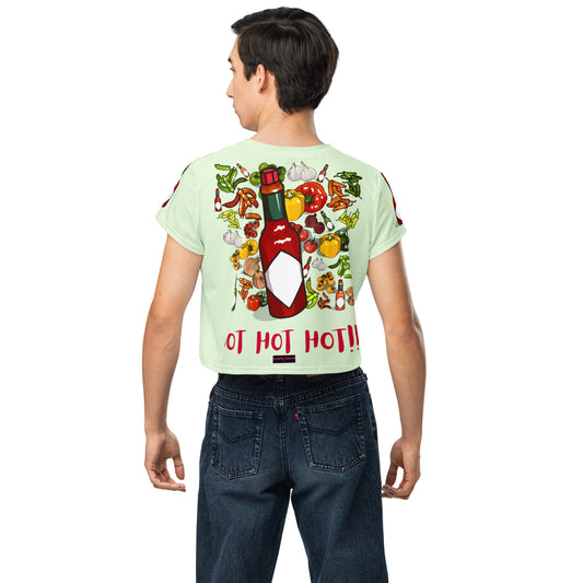 Unisex white crop tee with vibrant Southern Flavor Fire Burst all-over print by Eccentric Chemistry, casual streetwear style.