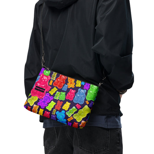 Eccentric Chemistry Gummy‑Core Crossbody Bag with all-over print featuring colorful, playful decor design on white background.