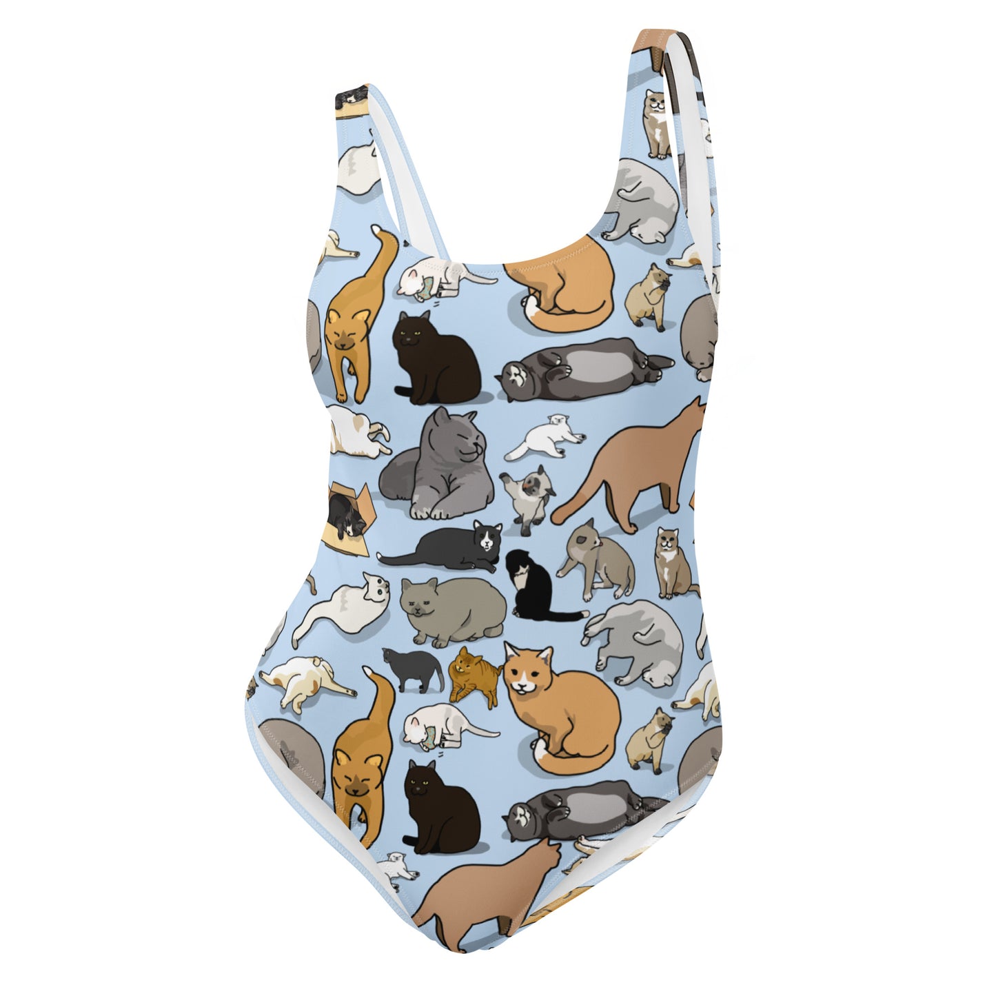 White one-piece swimsuit featuring an all-over feline-themed print, designed for feline soul synchronization by Eccentric Chemistry.