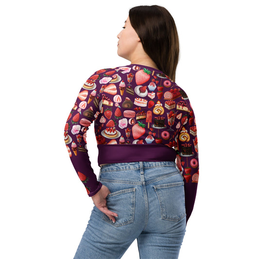 Women's recycled long sleeve crop top with strawberry print from Eccentric Chemistry's Laboratory of Strange & Stylish Things, shown from the back.