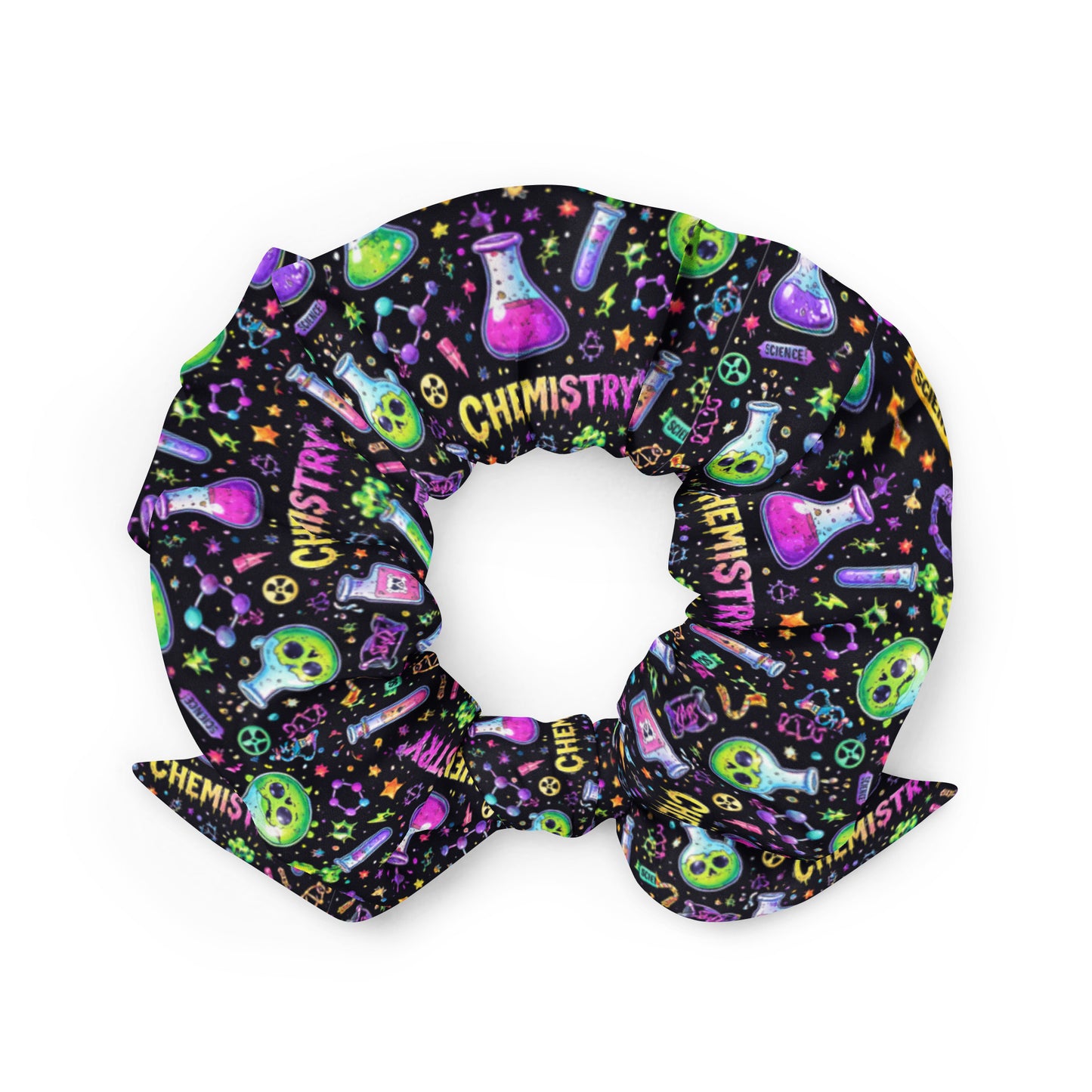 Eccentric Chemistry's recycled white scrunchie with all-over print, featuring a stylish ionic lift coil design, for hair accessories.