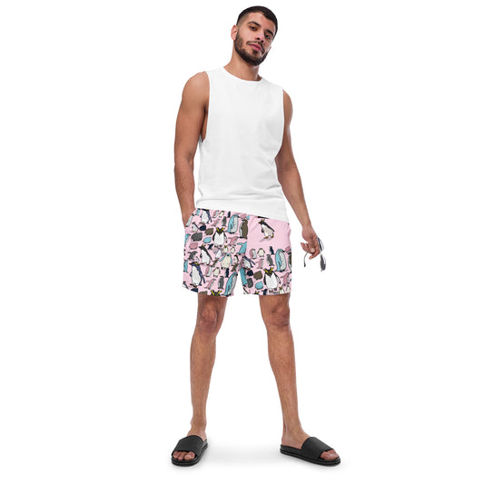 Men’s Penguin Chillwave Experiment swim trunks by Eccentric Chemistry with all-over recycled print and stylish design.