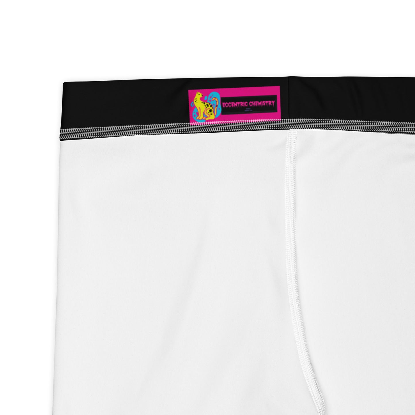 Women’s white all-over print shorts from Eccentric Chemistry’s Primal Pattern Experiment collection, featuring unique cut-sew design.