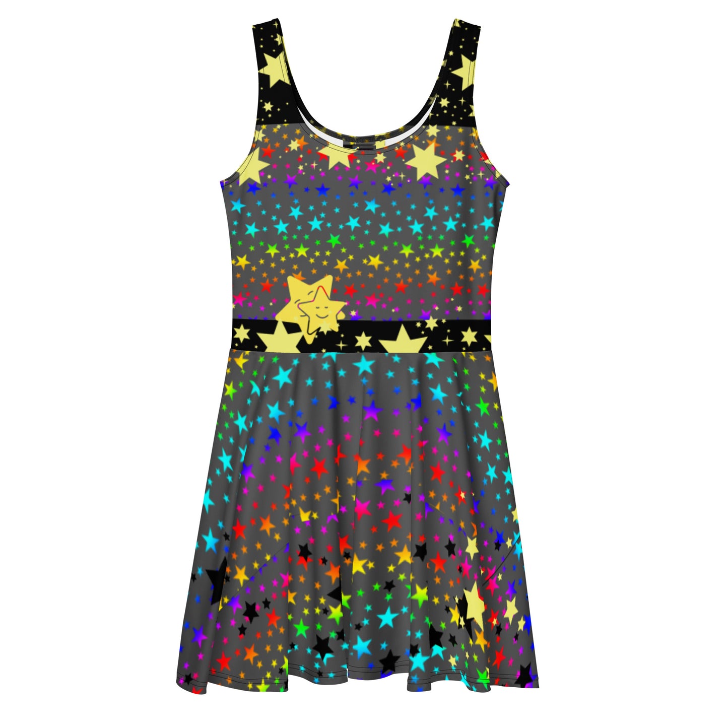 Eccentric Chemistry Stellar Spectrum Shift Skater Dress with all-over psychedelic print, white background, front view.