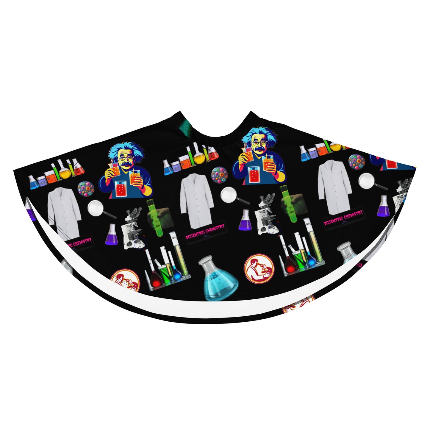 Eccentric Chemistry's Midnight Molecule Skater Skirt with all-over white print featuring scientific molecule patterns.
