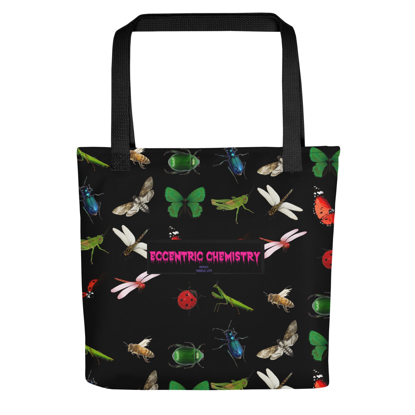 Black tote bag featuring insect magic mode experiment design, by Eccentric Chemistry's Tiny Shop of T-Shirt Horrors.