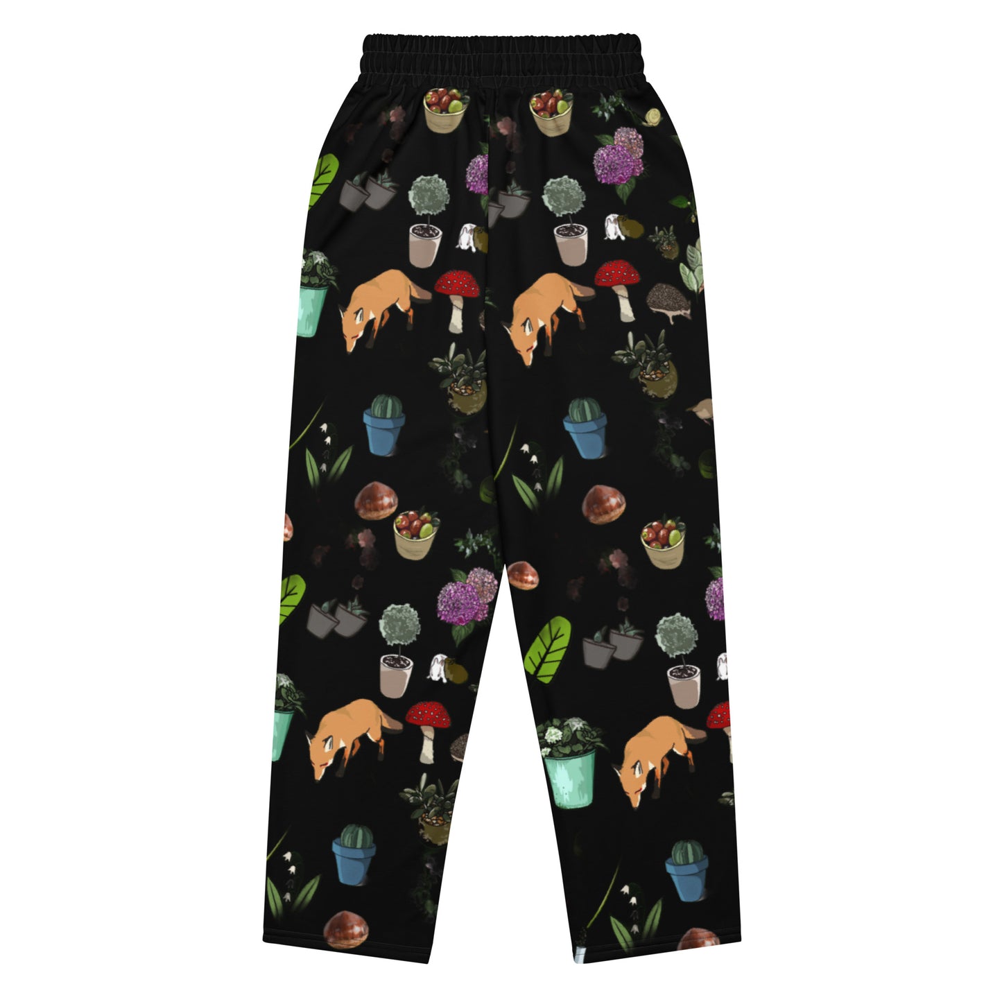 Unisex white wide-leg joggers with all-over Earth-Kind Habitat print from Eccentric Chemistry's Tiny Shop of T-Shirt Horrors.