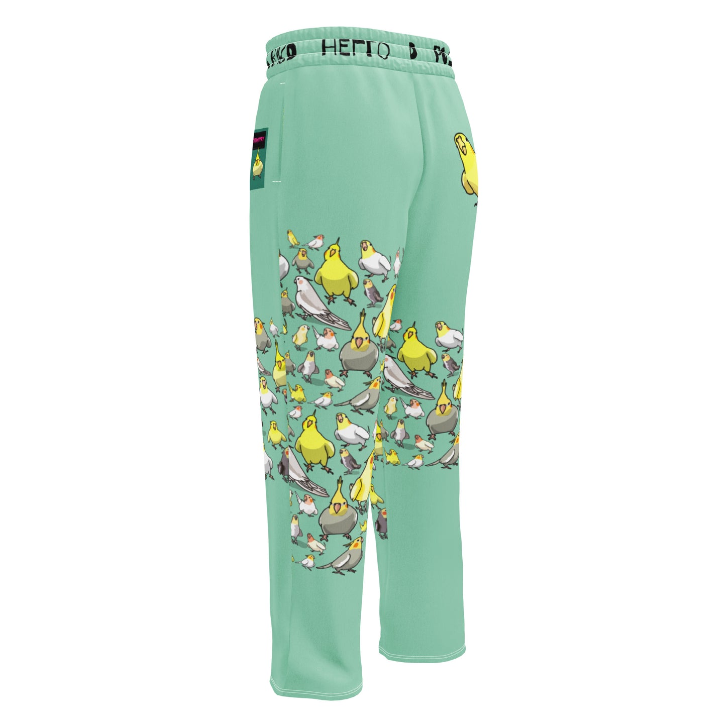 Unisex wide-leg joggers with Cockatiel Garden Breeze print, white background, casual cut-sew style by Eccentric Chemistry.
