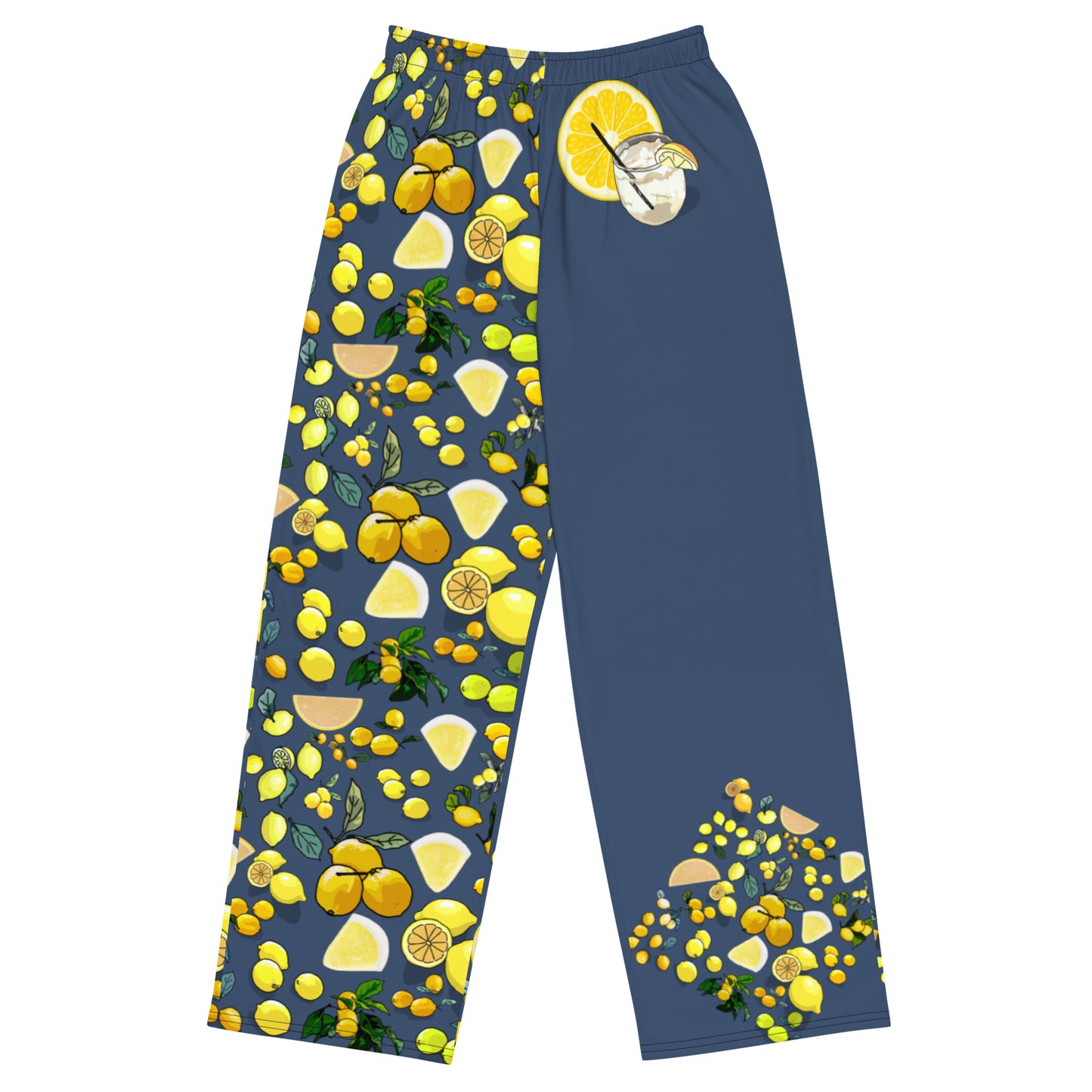 Unisex wide-leg pants with blue citrus print from Eccentric Chemistry's Laboratory of Strange & Stylish Things, front view.