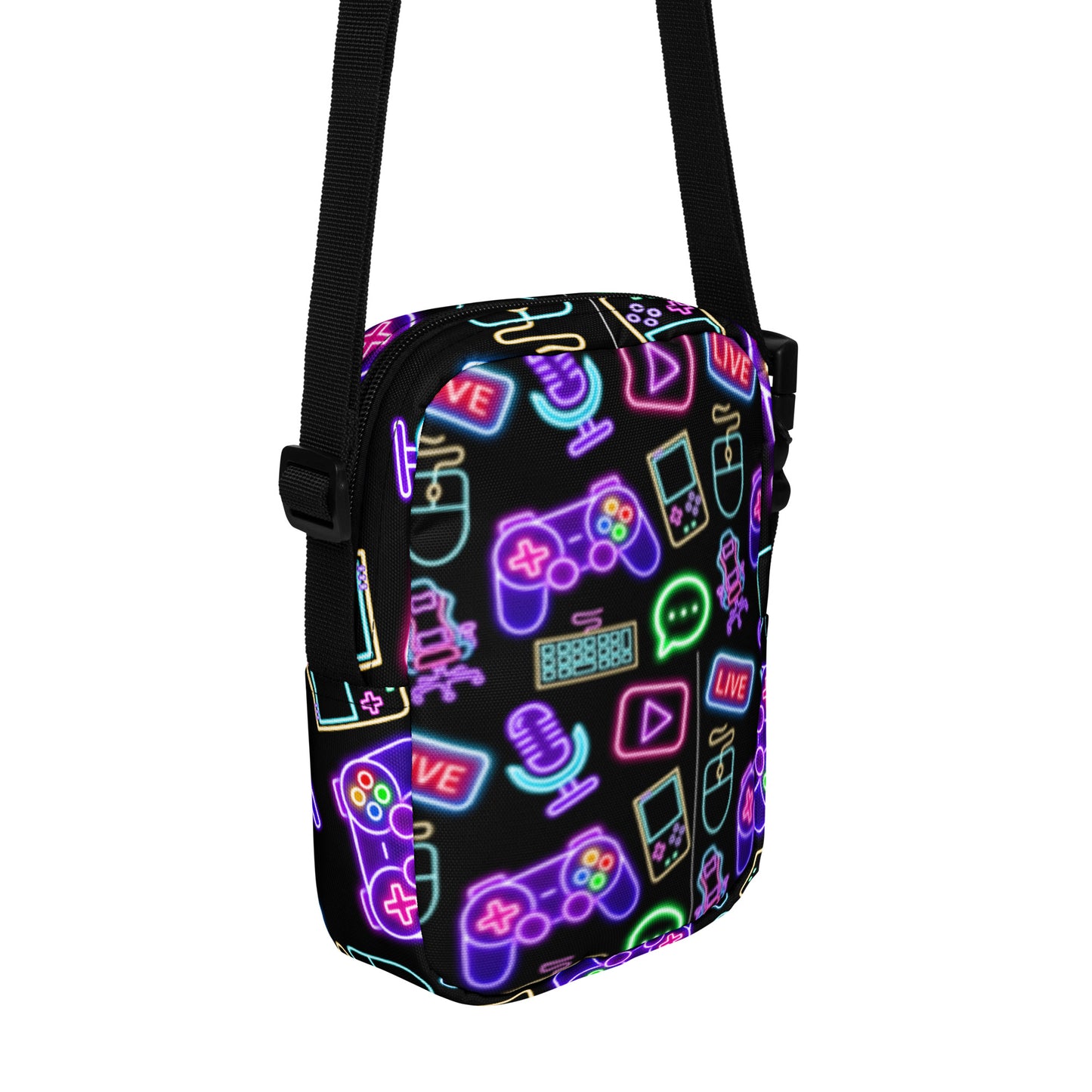Eccentric Chemistry's Dork-Core Gaming Utility Crossbody Bag with all-over white print, compact design, and adjustable strap.