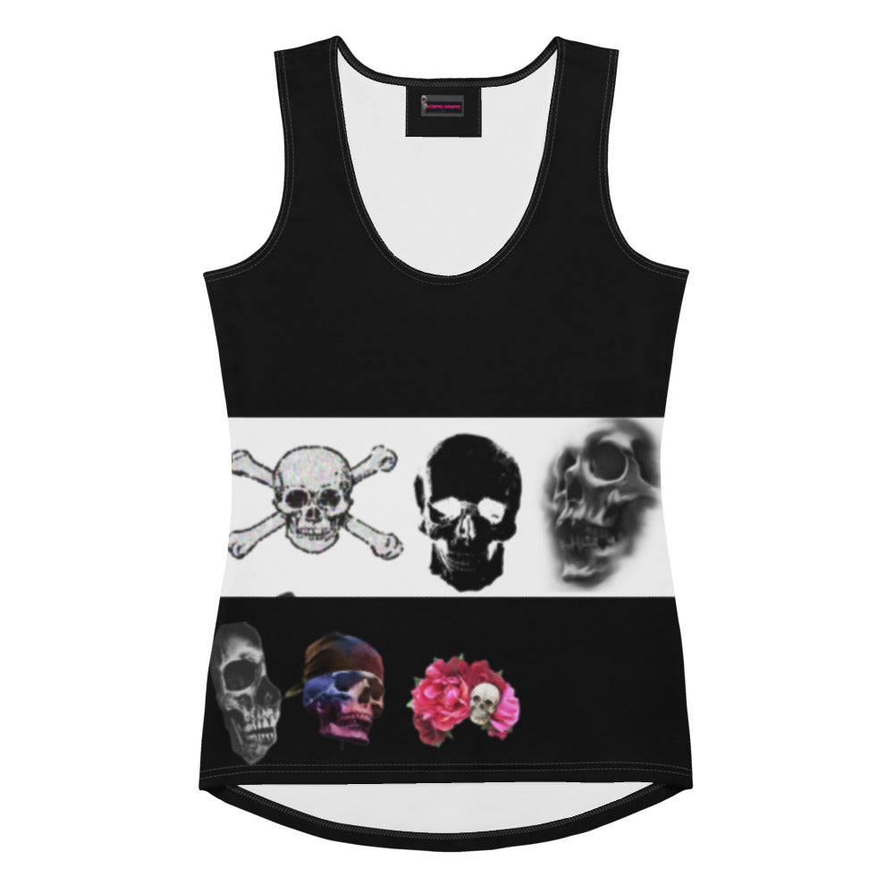White women's tank top featuring a bold all-over skull and lab experiment print from Eccentric Chemistry's Biker Chic collection.