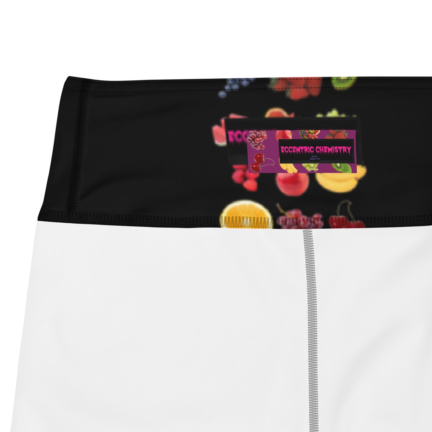 White Juicy Photon Stretch Wear yoga leggings featuring vibrant all-over print by Eccentric Chemistry's Tiny Shop of T-Shirt Horrors