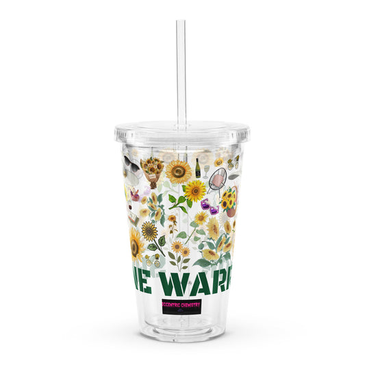 Clear 16 oz plastic tumbler with sun-kissed botanical design, double-wall insulation, by Eccentric Chemistry’s Laboratory of Strange & Stylish Things.