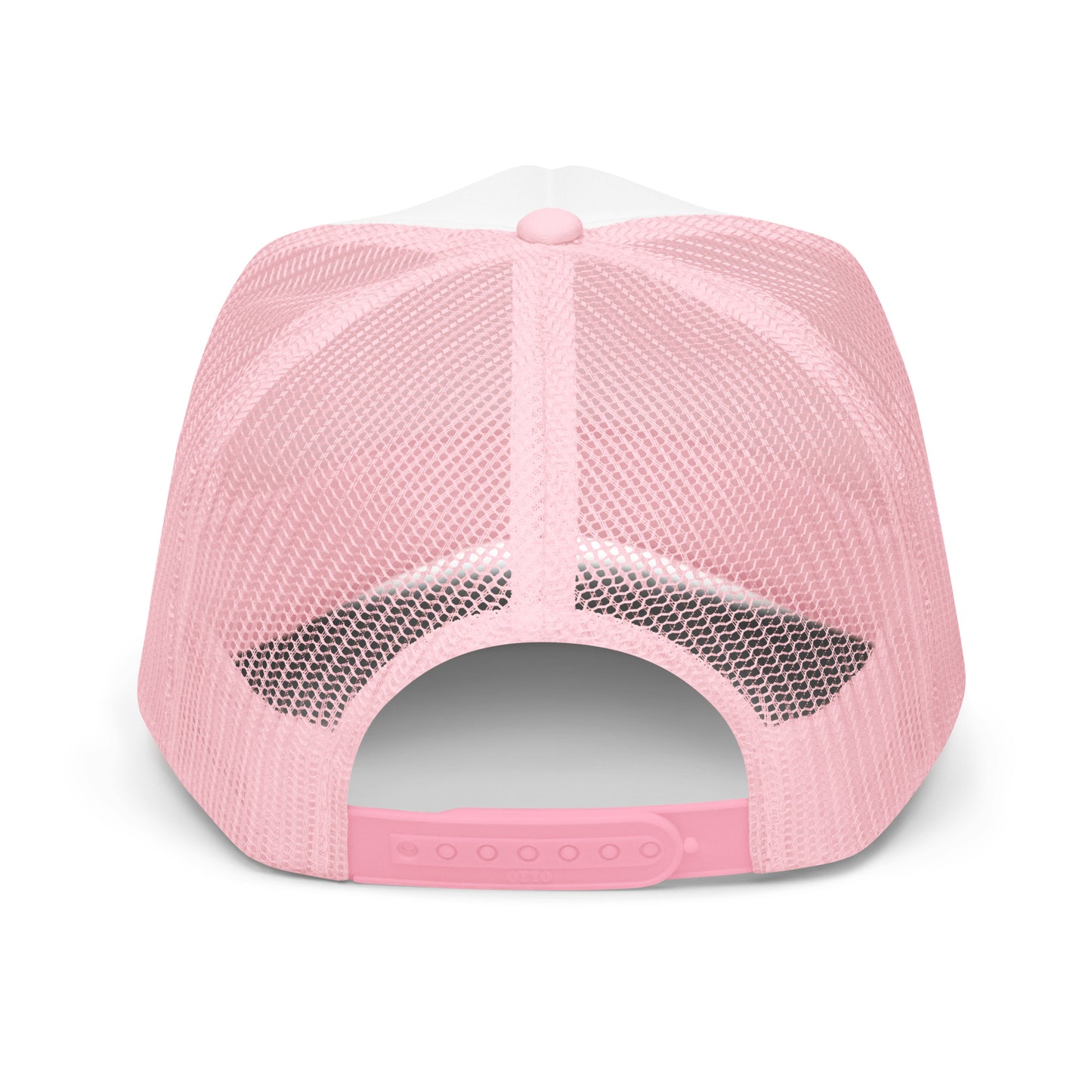Light pink foam trucker hat with white front panel and adjustable back strap, featuring a playful, casual style.