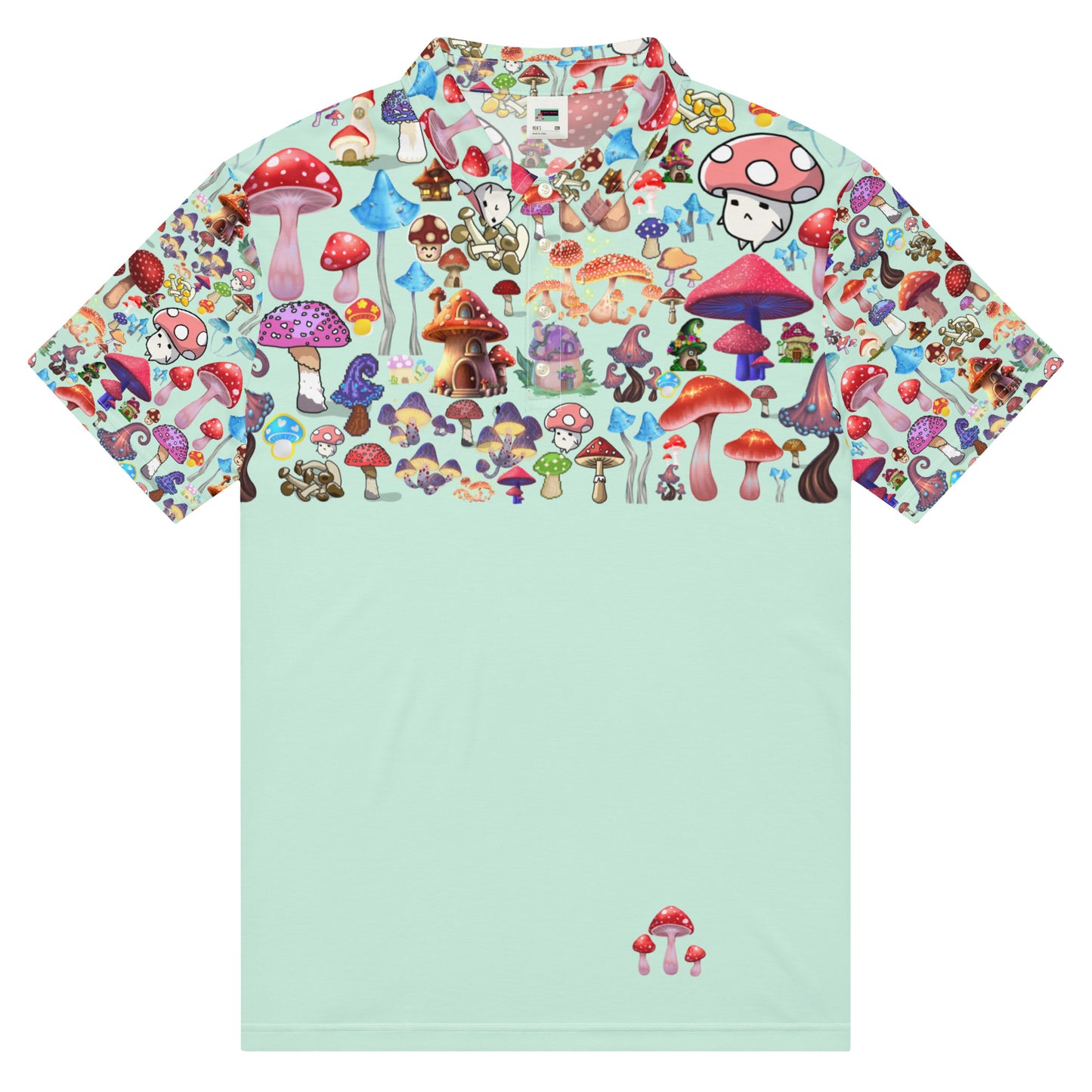Men’s slim-fit polo shirt with mint mushroom print from Eccentric Chemistry’s Laboratory of Strange & Stylish Things, white front view.