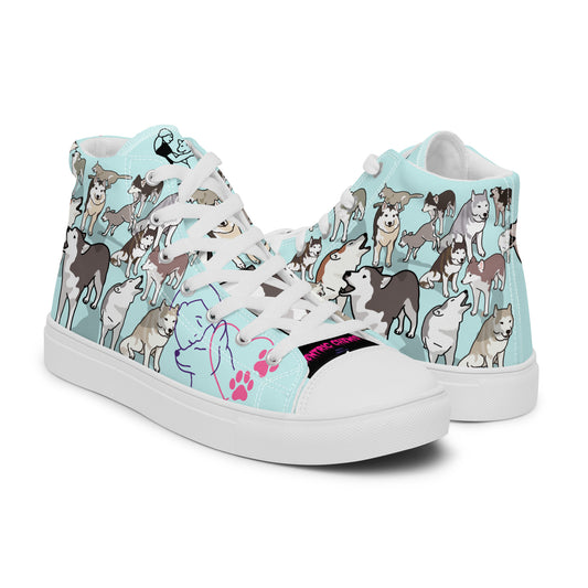 White men's high-top canvas shoes with Frost-Paw Escape Protocol design from Eccentric Chemistry's Laboratory of Strange & Stylish Things.
