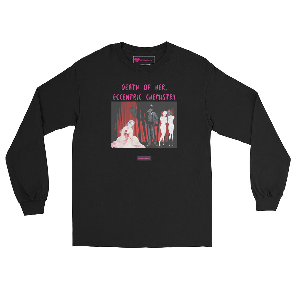 Men's black long sleeve T-shirt featuring Eccentric Art "Death of Her" design from Eccentric Chemistry's Laboratory of Strange & Stylish Things.