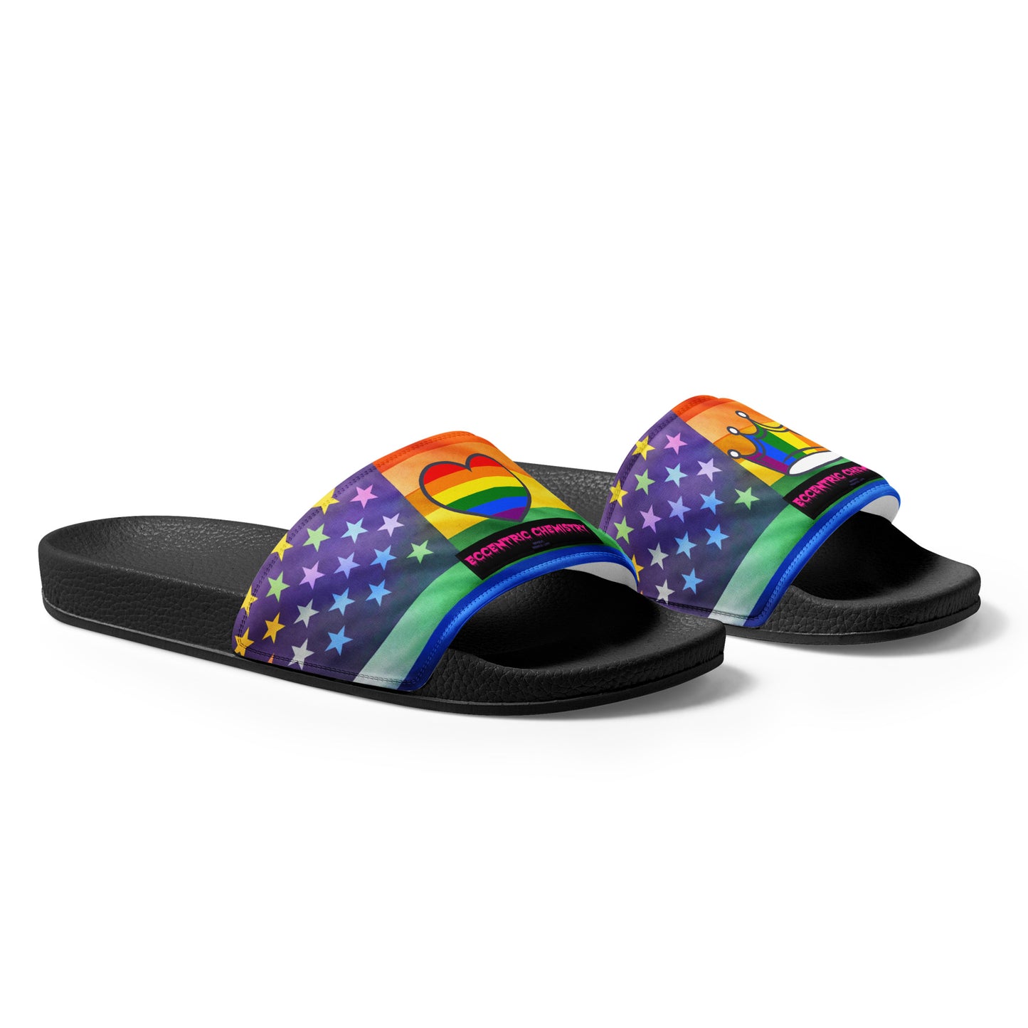 Men's black slide sandals featuring a right-front view, from Eccentric Chemistry's Tiny Shop of T-Shirt Horrors.