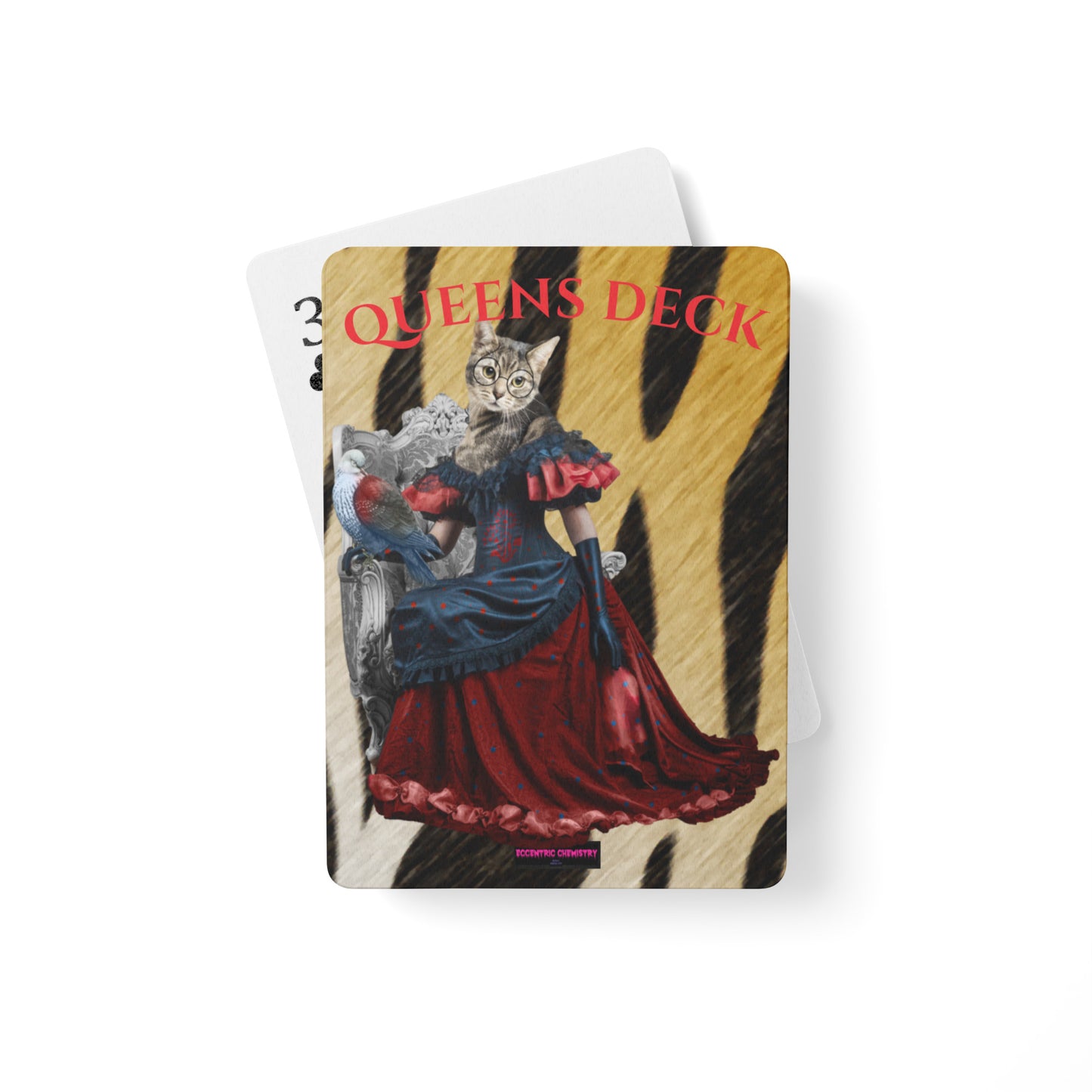 Front of a Queens deck poker playing cards postcard featuring stylized queen illustrations from Eccentric Chemistry’s Wildstripe Oracle Experiment.