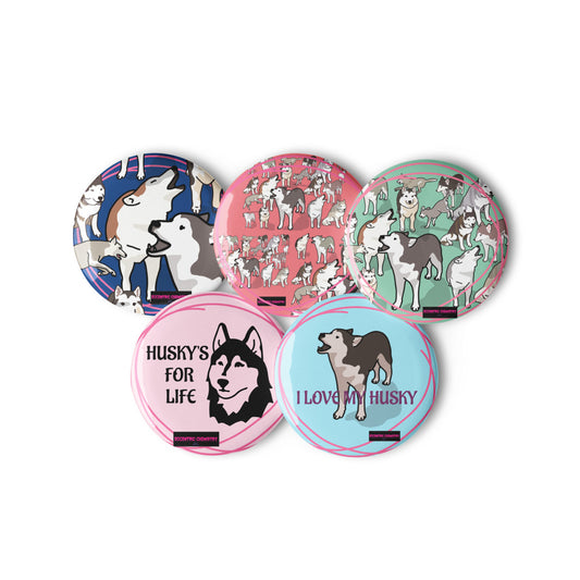 Set of Eccentric Chemistry Husky Color Wave experiment pin buttons featuring vibrant, stylized designs on white backgrounds.
