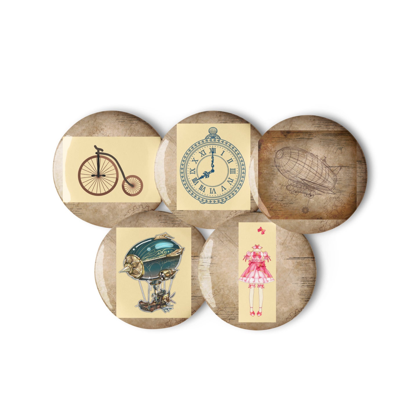 Set of white Draft‑Shift Pattern Mapping buttons by Eccentric Chemistry's Tiny Shop, featuring front view with detailed designs.