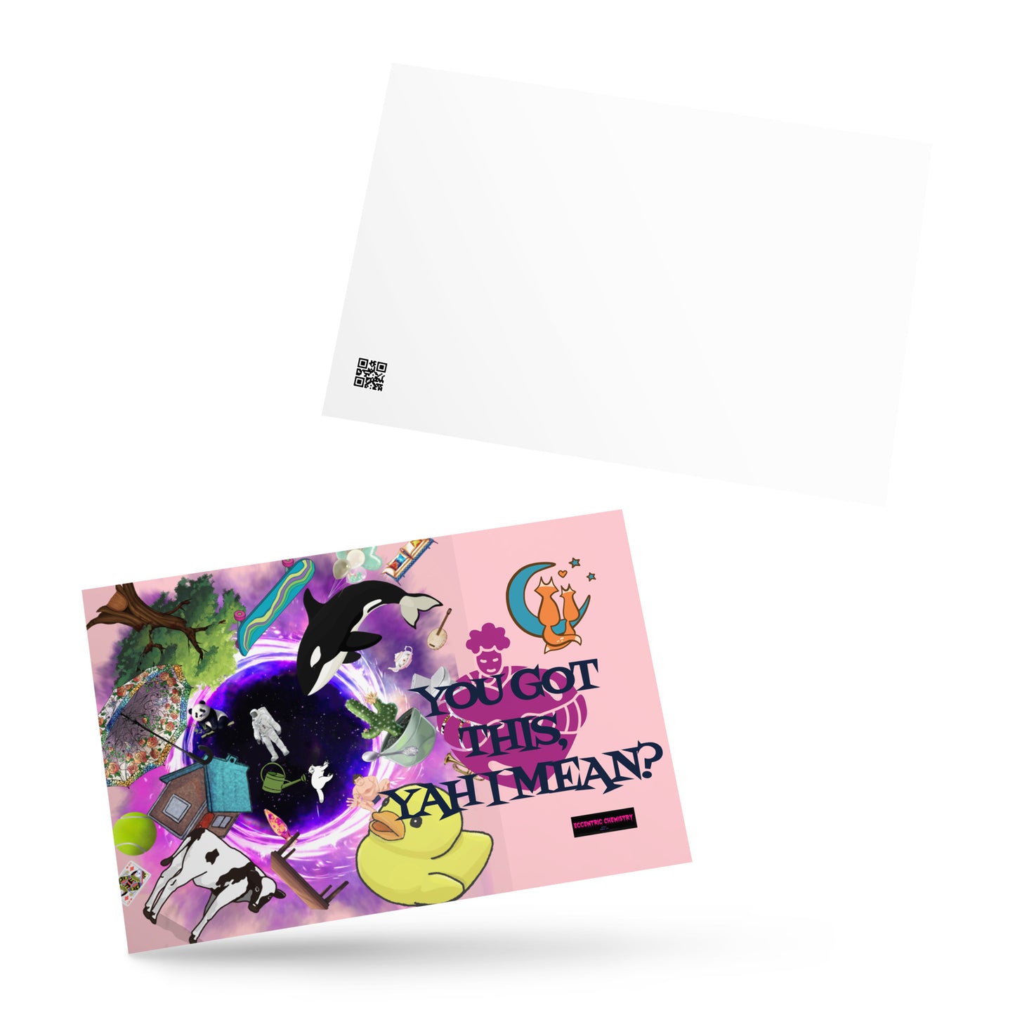 Front of Eccentric Chemistry's Yah‑I‑Mean Gravity Boost Experiment postcard featuring colorful scientific illustrations on a 4x6 postcard.