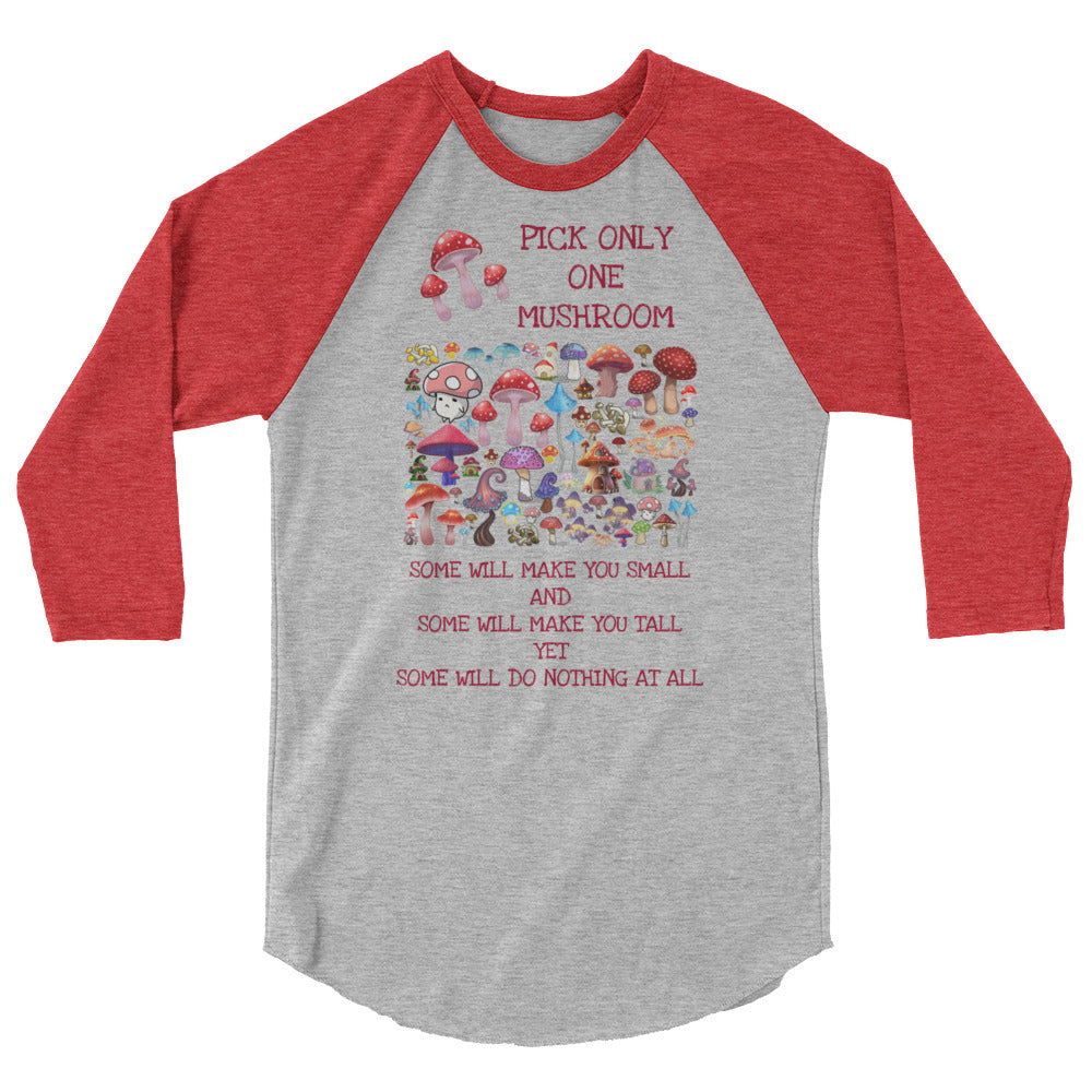 Unisex 3/4 sleeve raglan T-shirt with mushroom meadow experiment design in heather grey and red, from Eccentric Chemistry Lab.