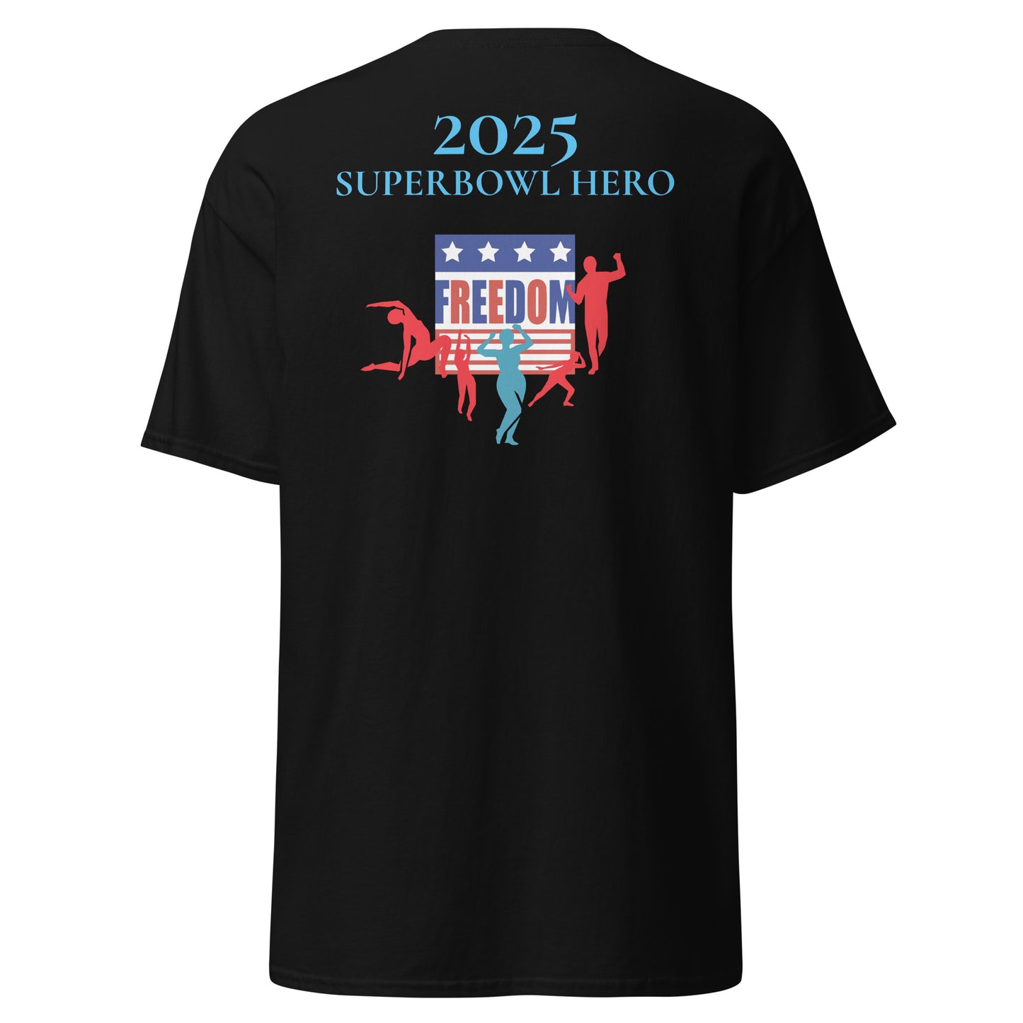 Black unisex Classic Tee featuring a bold Super Bowl Hero 2025 Courage Echo design on the back, by Eccentric Chemistry.