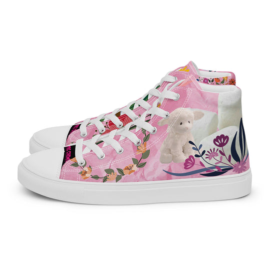 Women's high-top canvas shoes in pink with Marshmallow Friends and Joy Experiment design from Eccentric Chemistry.