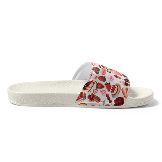 Women’s white slides from Eccentric Chemistry’s Laboratory of Strange & Stylish Things, featuring a comfortable Berry-Fresh Circuit design.