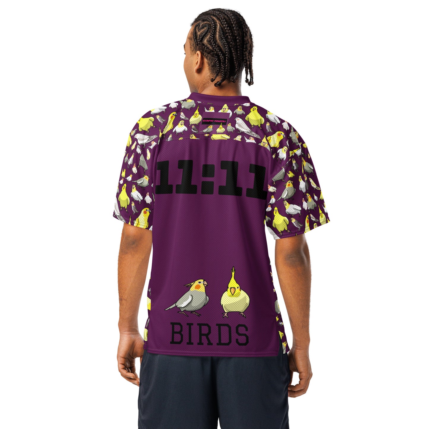 White American football jersey with all-over print, featuring the number 11:11 and feather-field design from Eccentric Chemistry.