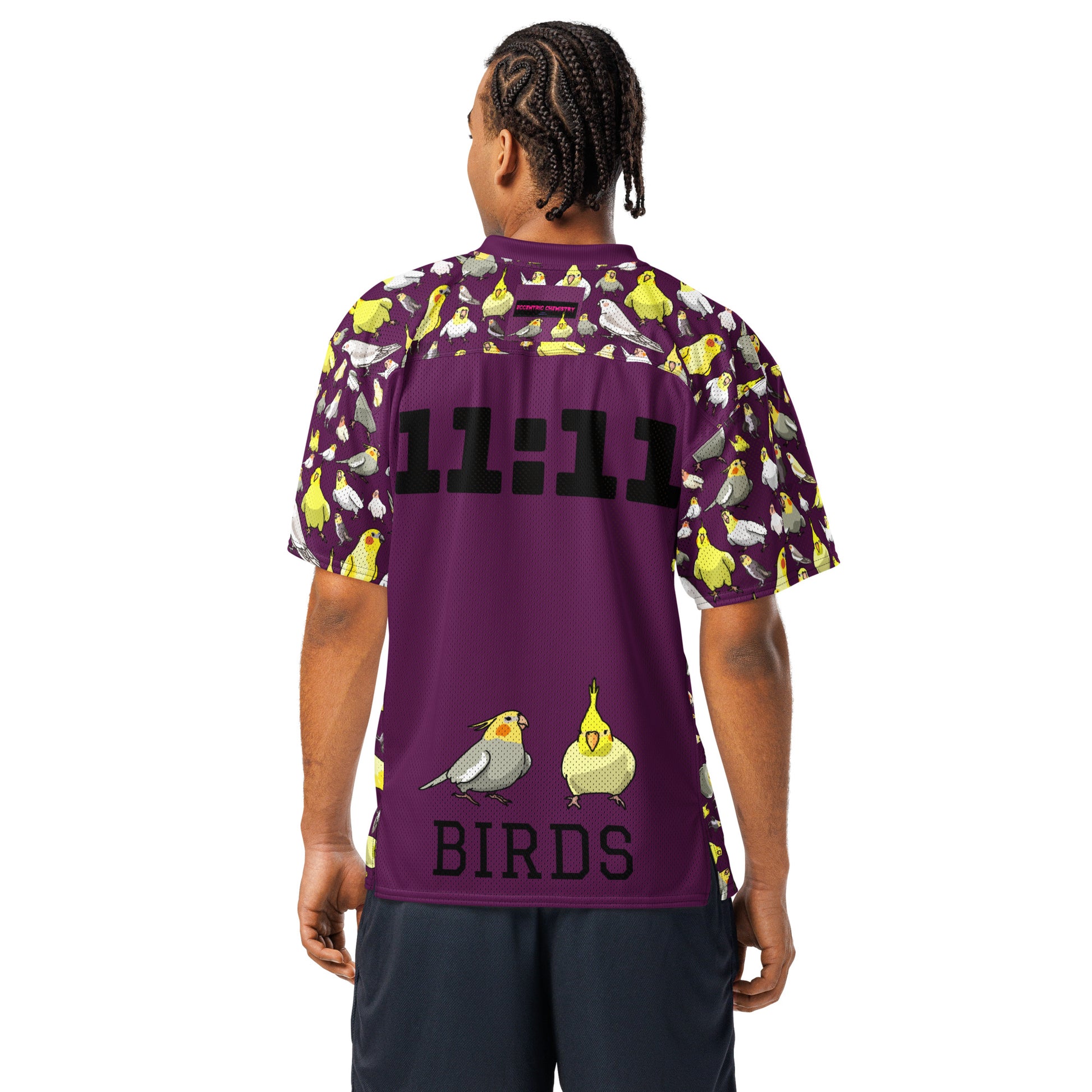 White American football jersey with all-over print, featuring the number 11:11 and feather-field design from Eccentric Chemistry.