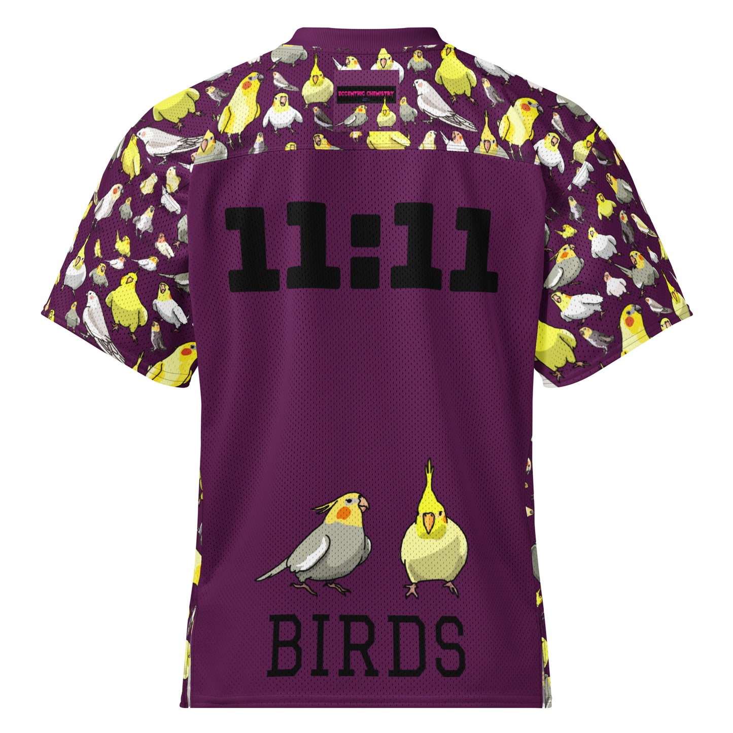 White American football jersey with all-over print and "11:11 Feather-Field Charge Experiment" design by Eccentric Chemistry.