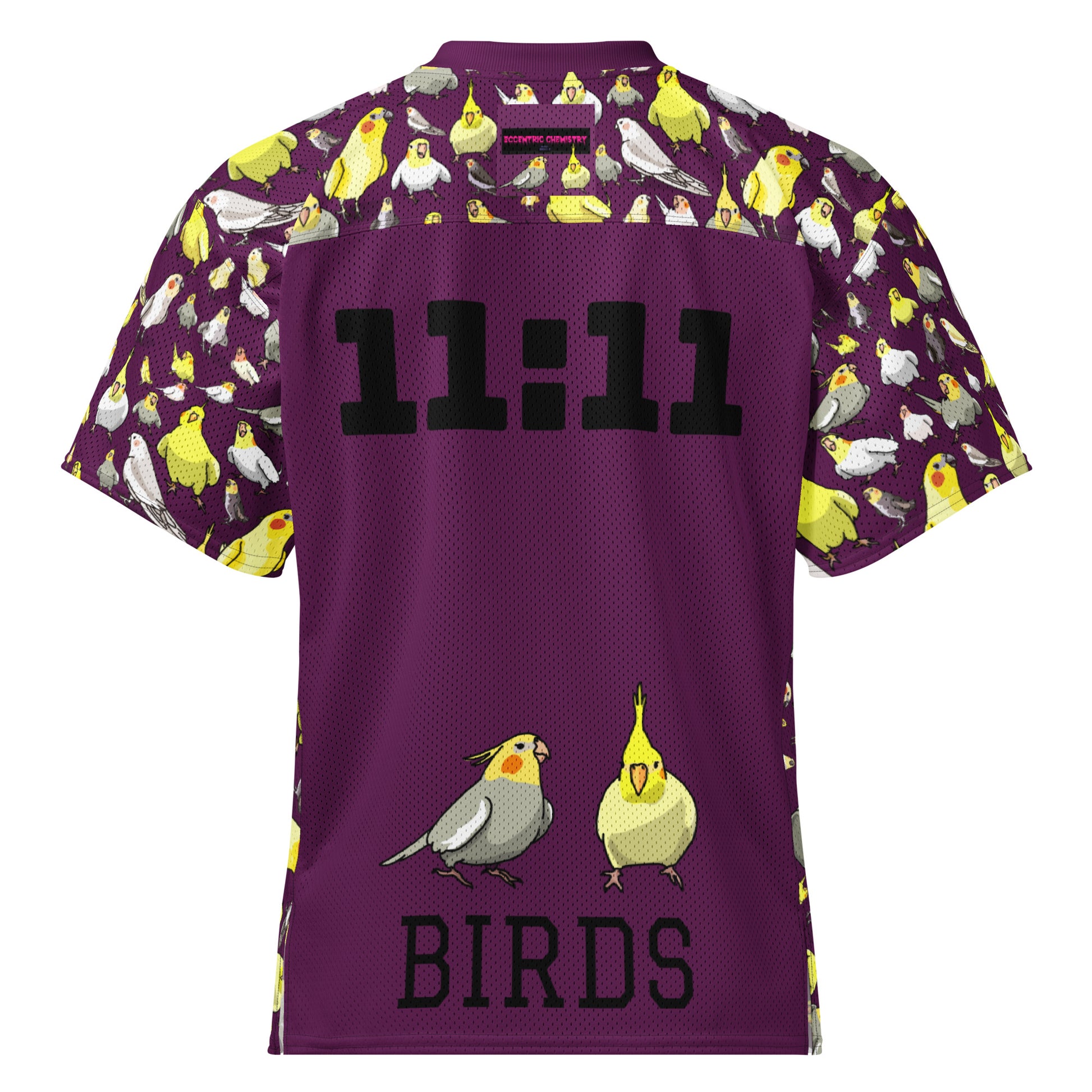 White American football jersey with all-over print and "11:11 Feather-Field Charge Experiment" design by Eccentric Chemistry.