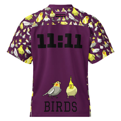 White American football jersey with all-over print and "11:11 Feather-Field Charge Experiment" design by Eccentric Chemistry.