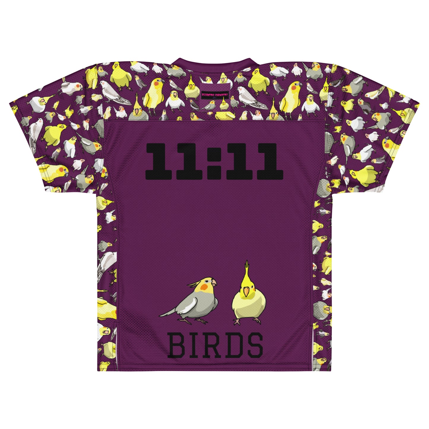 White American football jersey with all-over print featuring bold feather and experiment graphics, by Eccentric Chemistry Laboratory.