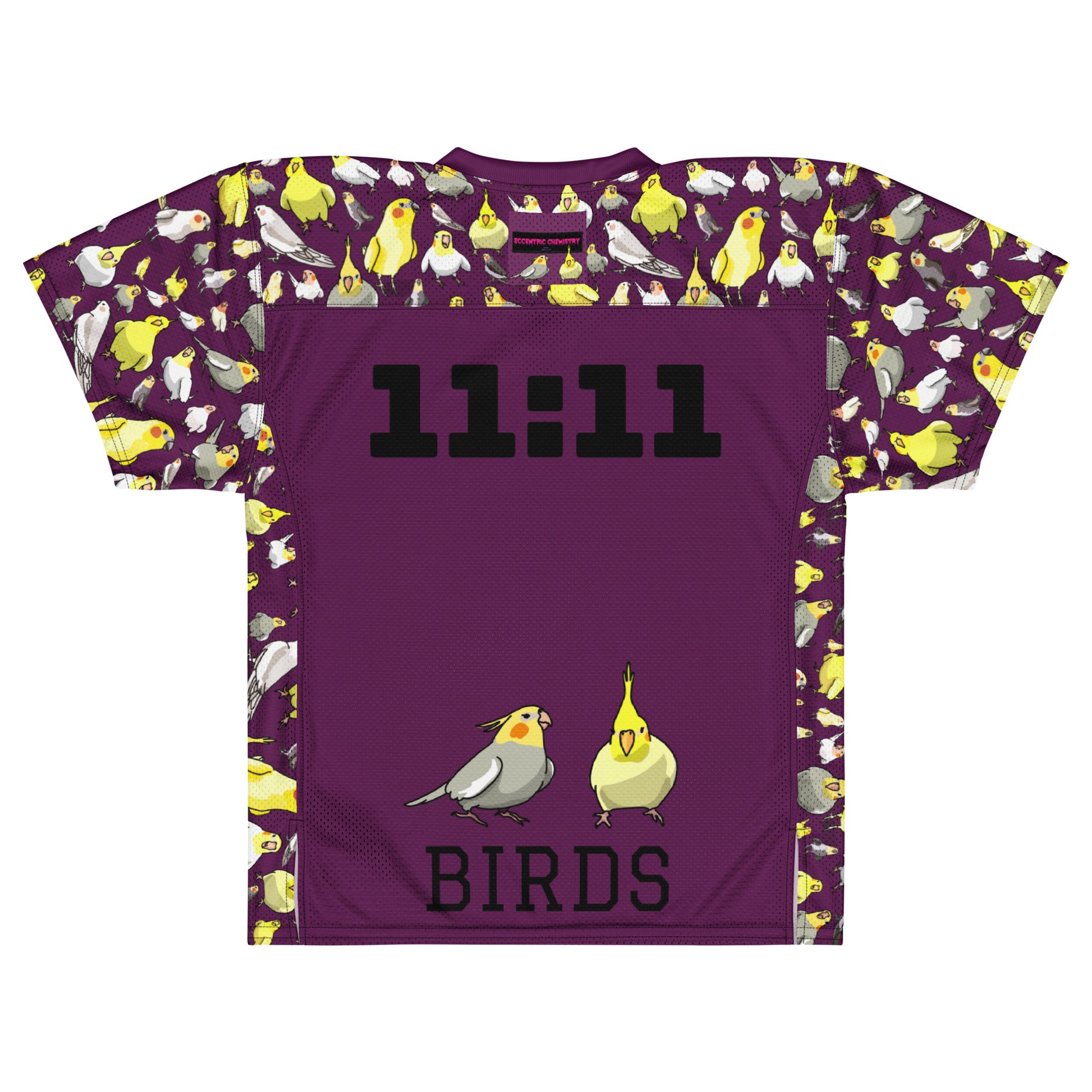 White American football jersey with all-over print featuring bold feather and experiment graphics, by Eccentric Chemistry Laboratory.