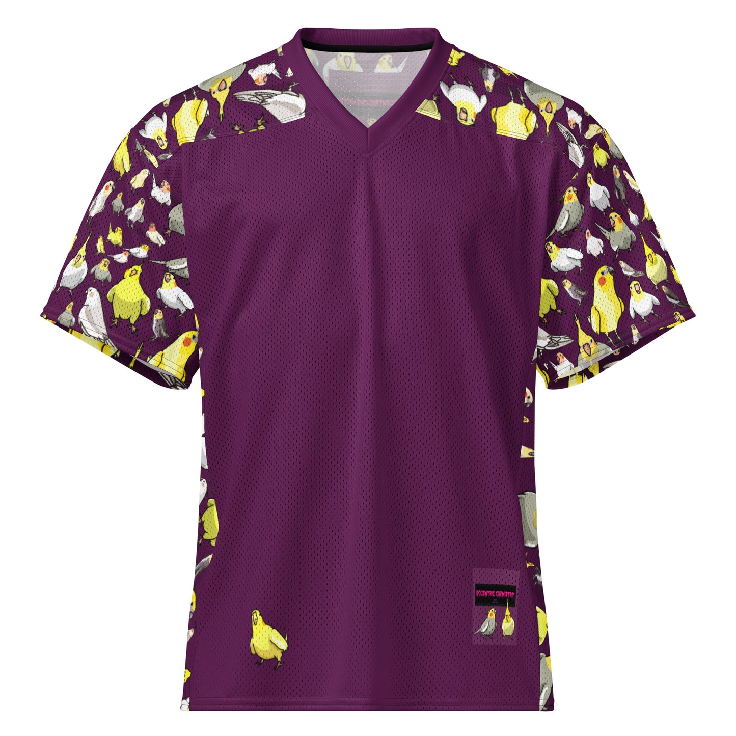 American Football jersey by Eccentric Chemistry with all-over white print and feather-field design, featuring bold lettering and vibrant details.