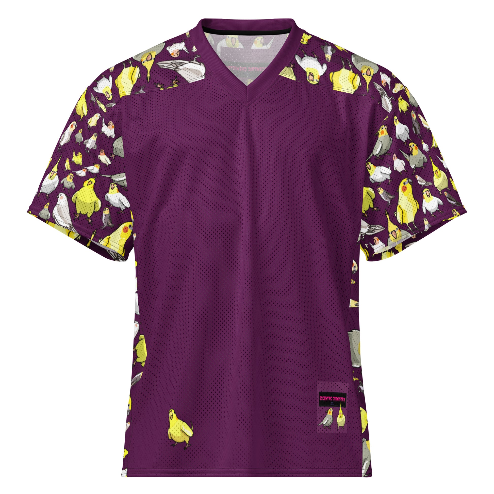 American Football jersey by Eccentric Chemistry with all-over white print and feather-field design, featuring bold lettering and vibrant details.