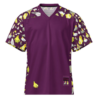 American Football jersey by Eccentric Chemistry with all-over white print and feather-field design, featuring bold lettering and vibrant details.