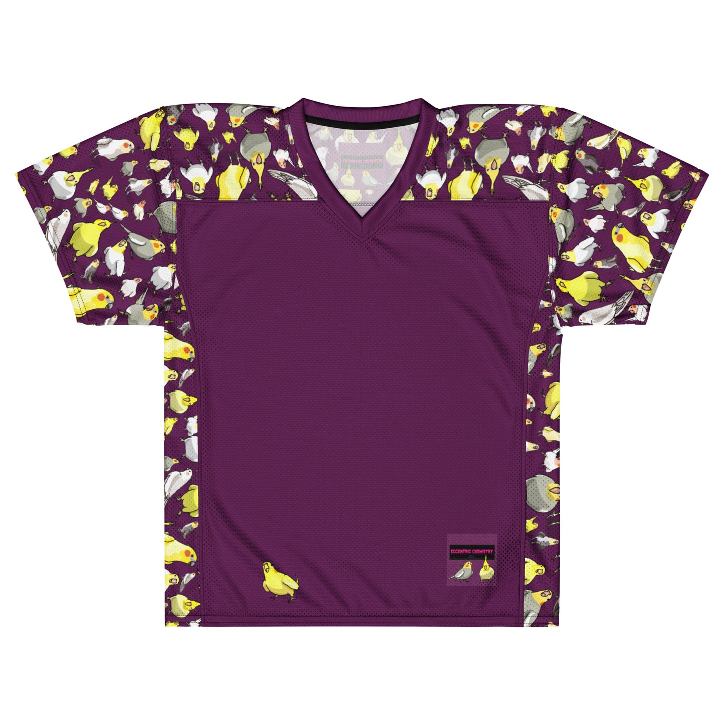 Eccentric Chemistry’s American Football Jersey 11:11 Feather-Field Charge with all-over white print and bold team design.