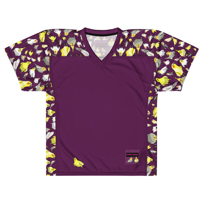 Eccentric Chemistry’s American Football Jersey 11:11 Feather-Field Charge with all-over white print and bold team design.