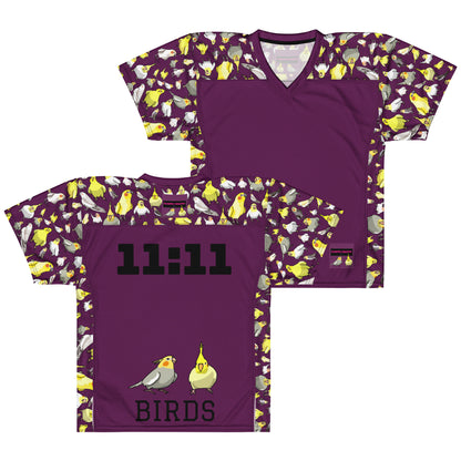 White American football jersey with all-over print featuring bold graphics and the number 11:11, designed by Eccentric Chemistry.