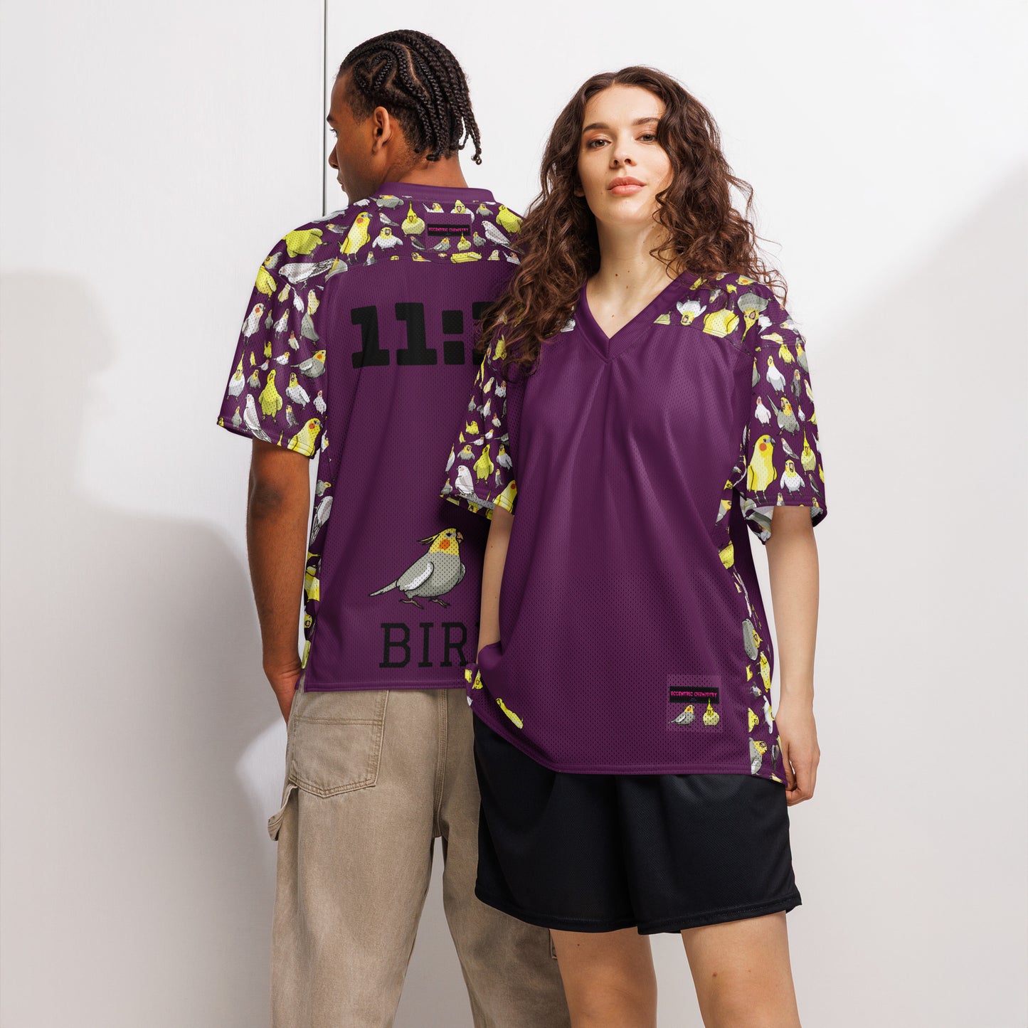 White American football jersey with all-over print and "11:11 Feather-Field Charge Experiment" design, by Eccentric Chemistry.
