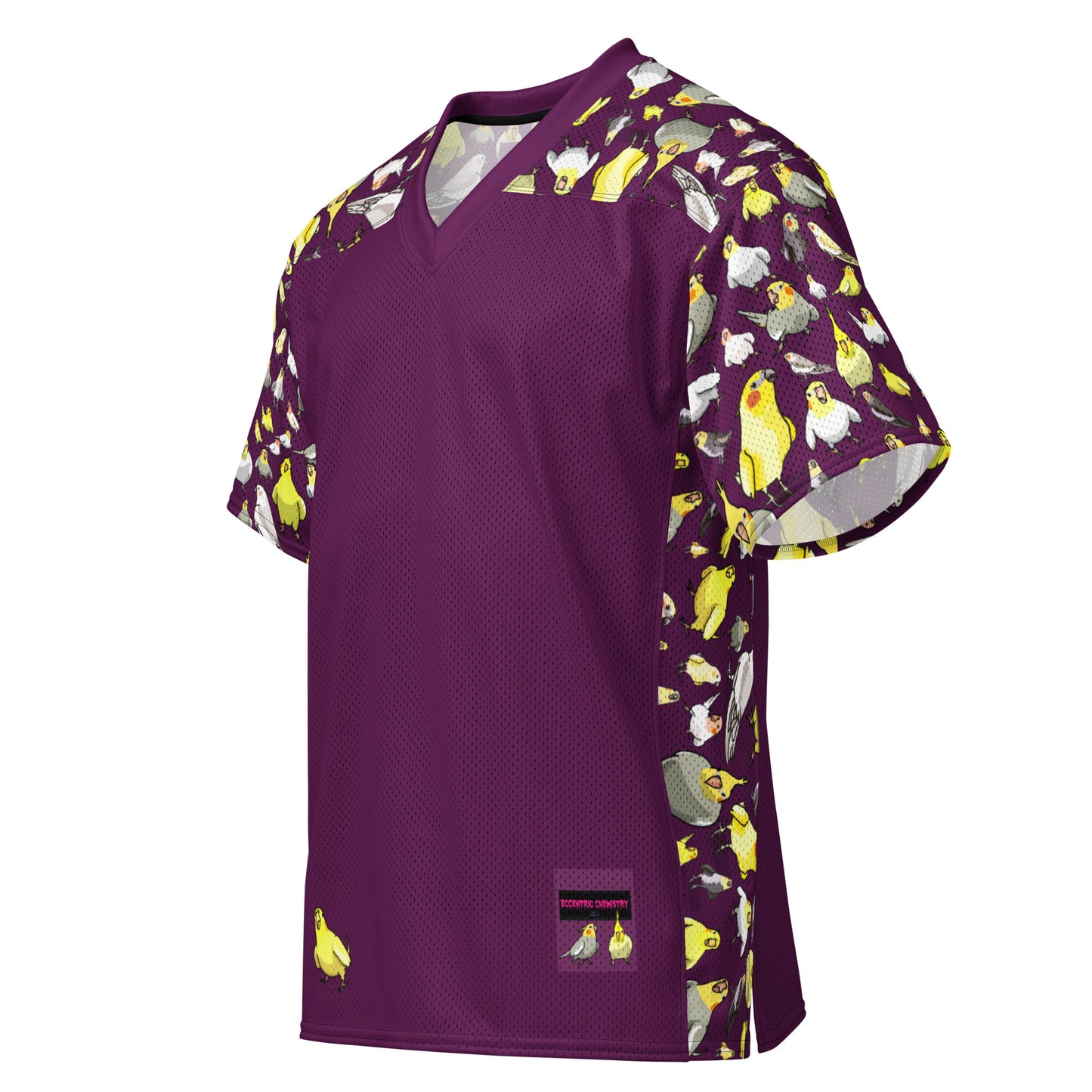White American football jersey with all-over print, featuring bold design elements and the number 11:11, from Eccentric Chemistry's lab.