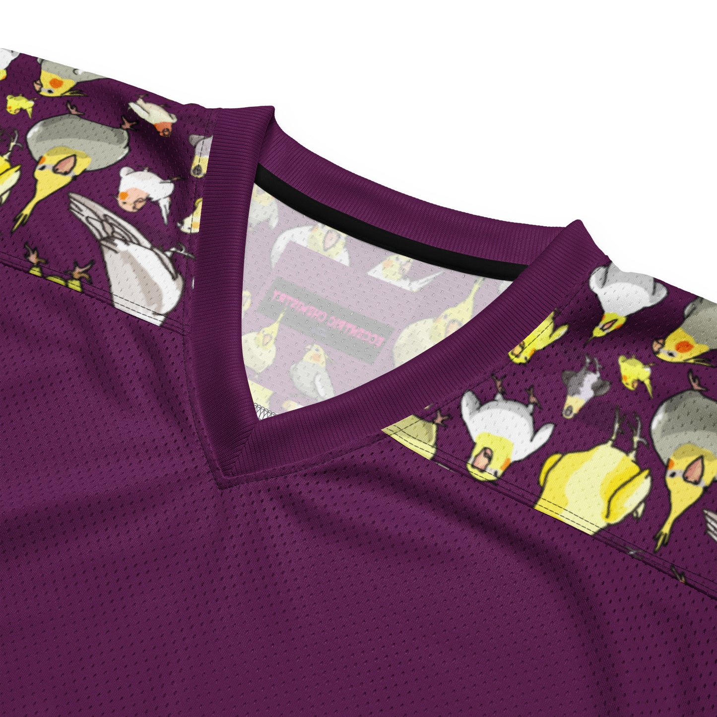 White American football jersey with all-over print featuring bold feather and field charge design by Eccentric Chemistry.