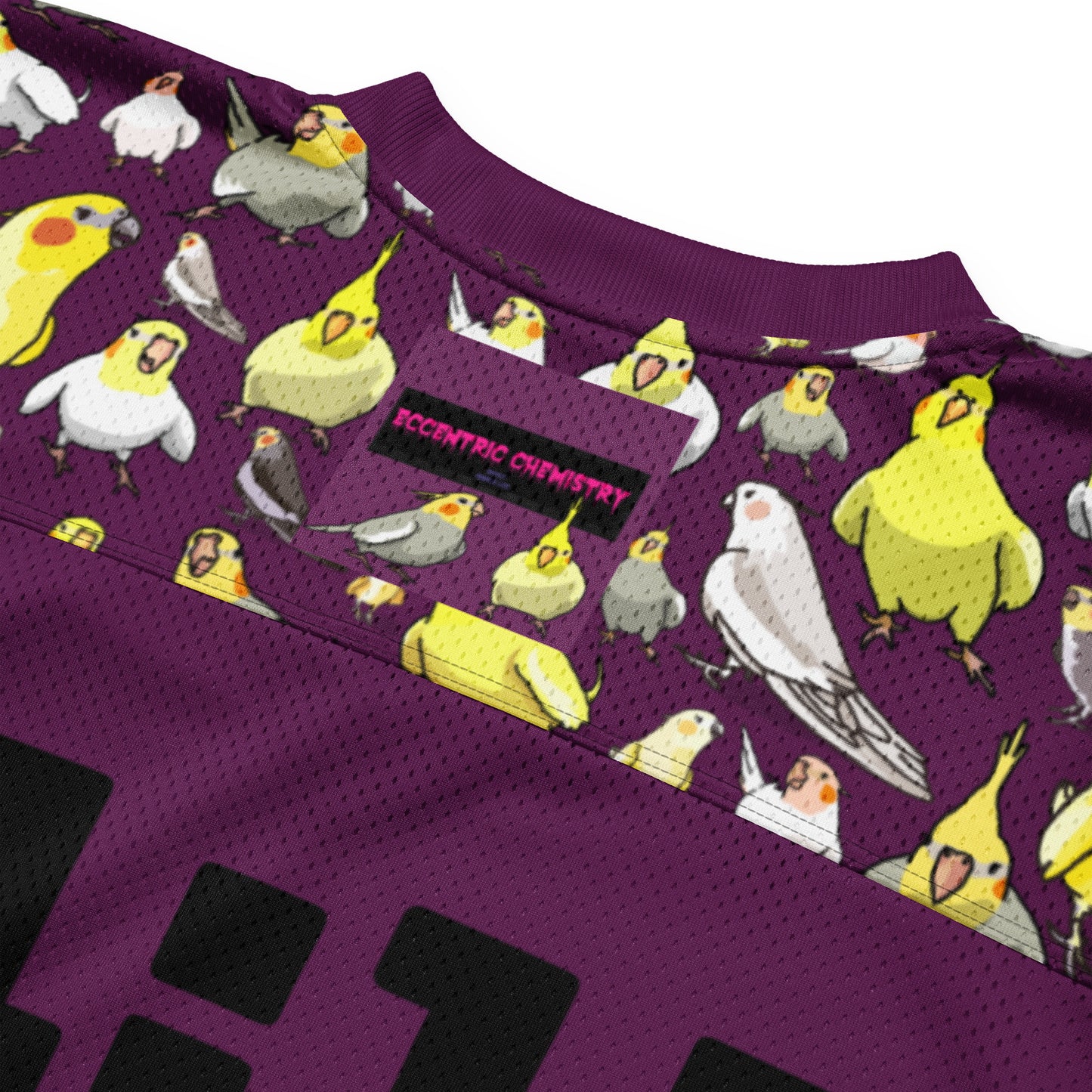White American football jersey by Eccentric Chemistry featuring all-over print and the number 11:11 Feather-Field Charge Experiment design.