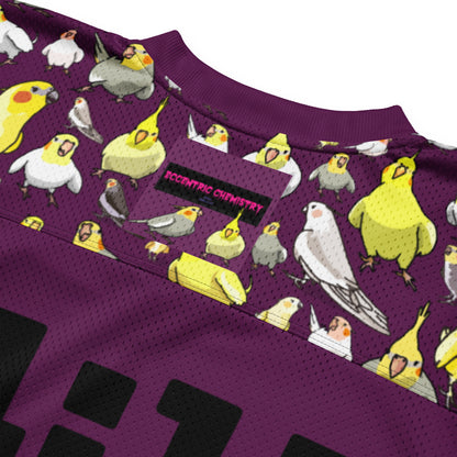 White American football jersey by Eccentric Chemistry featuring all-over print and the number 11:11 Feather-Field Charge Experiment design.