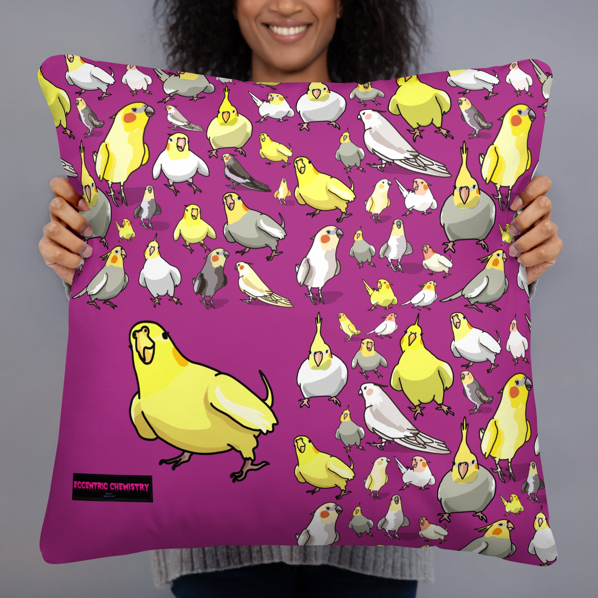 Eccentric Chemistry’s Laboratory of Strange & Stylish Things throw pillow with an all-over avian love wave print, 22x22 inches.