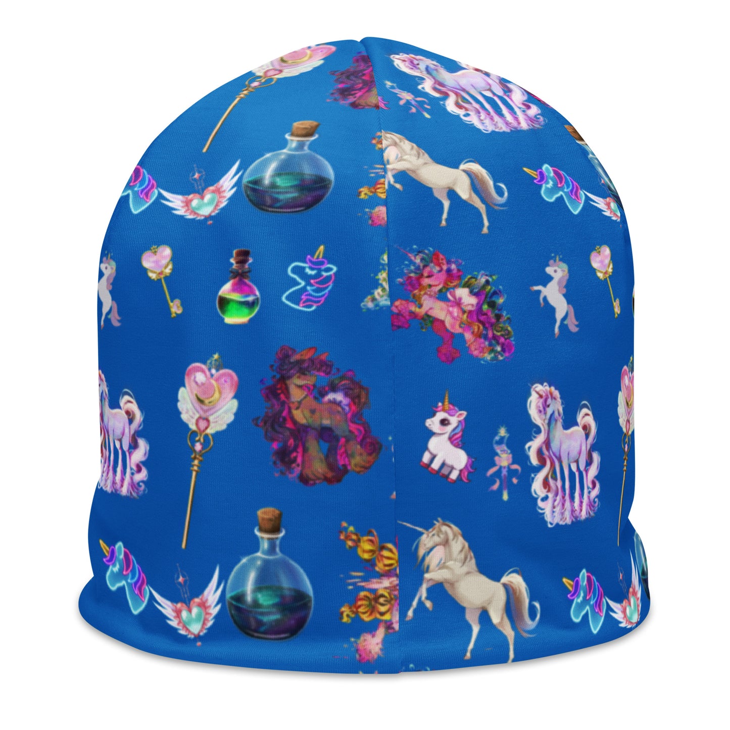 All-over print white beanie featuring celestial unicorn and abstract field study design from Eccentric Chemistry's CUT-SEW collection